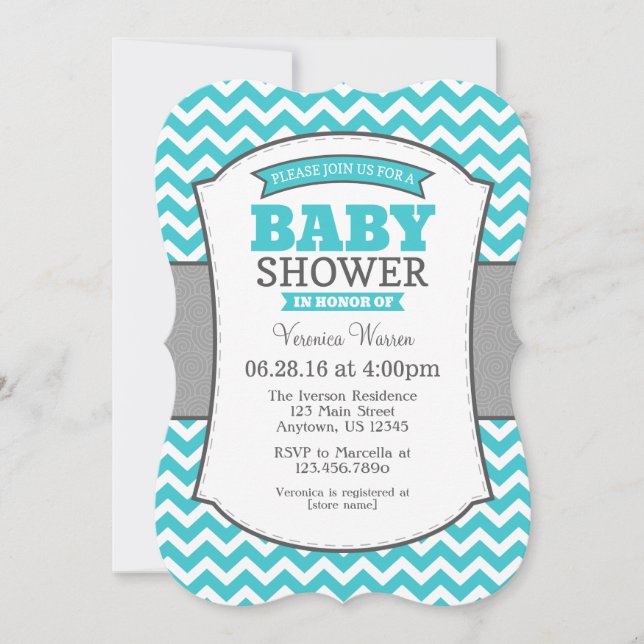 Turquoise Teal Gray Chevron Baby Shower Invitation (Front)