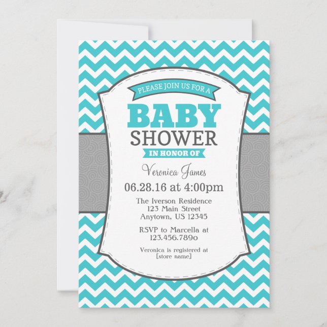 Turquoise Teal Gray Chevron Baby Shower Invitation (Front)