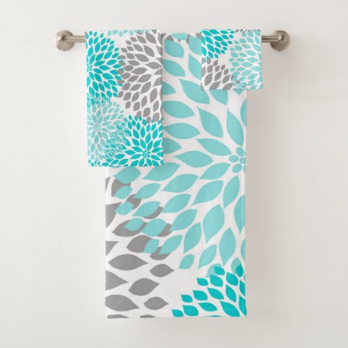 Turquoise Teal Gray dahlia floral bath decor Bath Towel Set