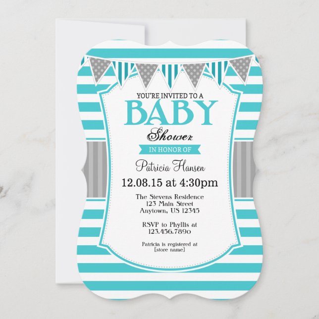 Turquoise Teal Gray Stripes Baby Shower Invitation (Front)