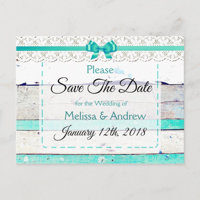 Turquoise Teal Gray Wood Save the Date Postcard (Front)