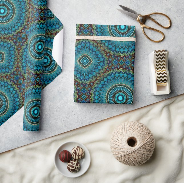 Turquoise Teal Green Mandala Pattern Gift Wrapping Paper (Crafts)