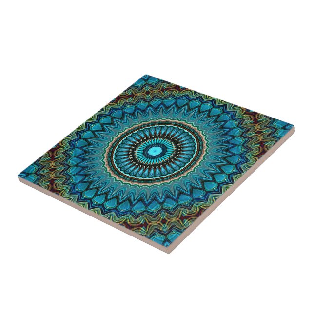 Turquoise Teal Green Mandala Round Star Pattern Ceramic Tile (Side)