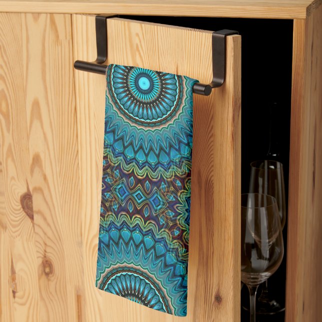 Turquoise Teal Green Mandala Round Star Pattern Kitchen Towel (Thirds Fold)