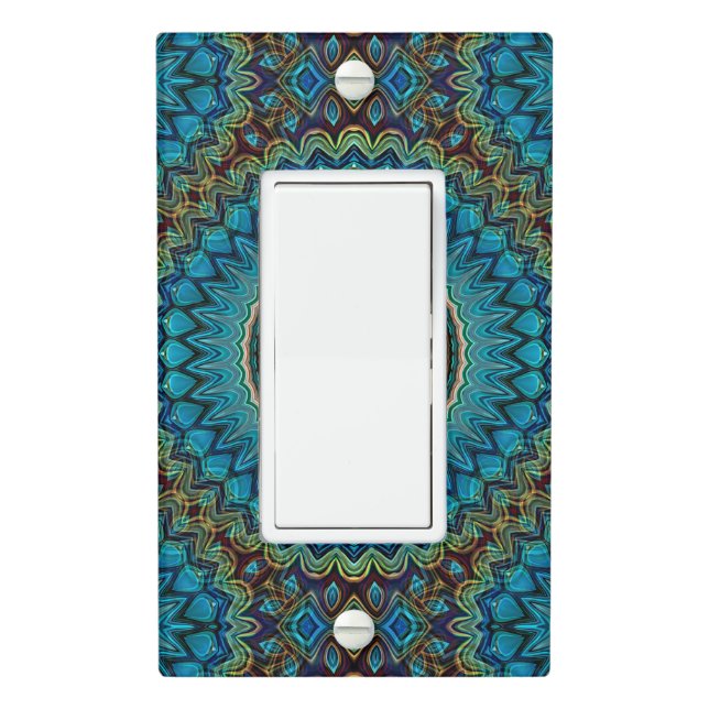 Turquoise Teal Green Mandala Round Star Pattern Light Switch Cover (In Situ)