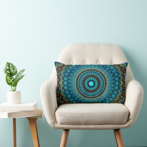 Turquoise Teal Green Mandala Round Star Pattern Lumbar Pillow