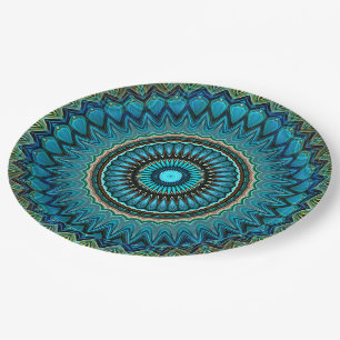 Turquoise Teal Green Mandala Round Star Pattern Paper Plates