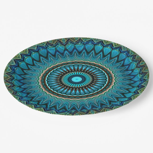 Turquoise Teal Green Mandala Round Star Pattern Paper Plates (Angled)