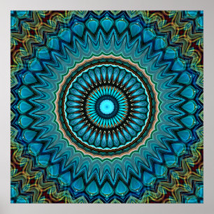 Turquoise Teal Green Mandala Round Star Pattern Poster
