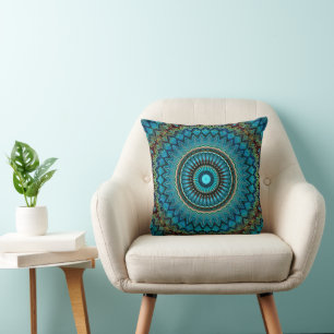 Turquoise Teal Green Mandala Round Star Pattern Throw Pillow