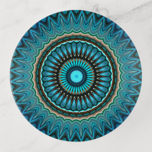 Turquoise Teal Green Mandala Round Star Pattern Trinket Tray