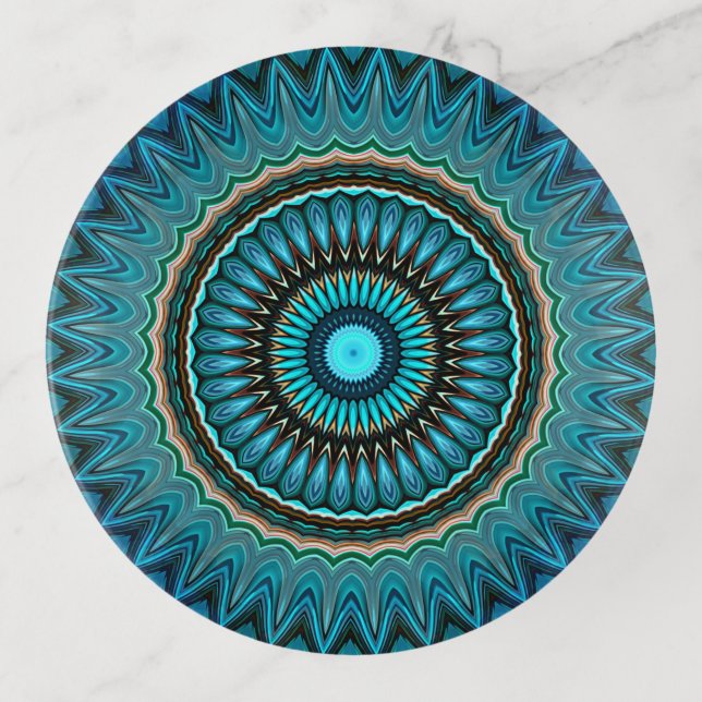 Turquoise Teal Green Mandala Round Star Pattern Trinket Tray (Front)