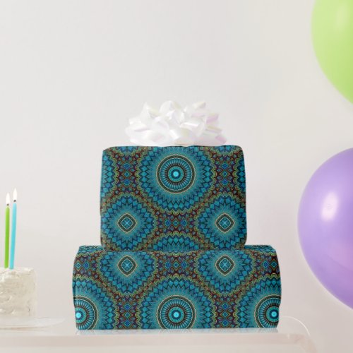 Turquoise Teal Green Mandala Round Star Pattern Wrapping Paper