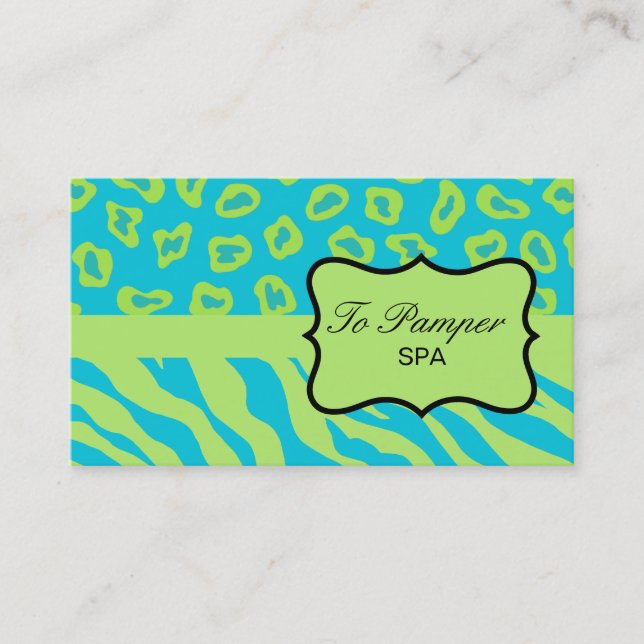 Turquoise Teal & Green Zebra & Cheetah Skin Custom Business Card (Front)