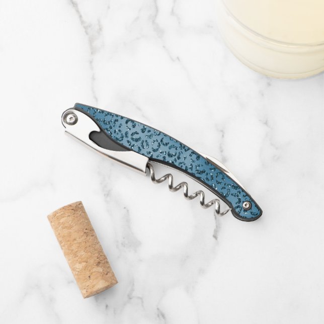 Turquoise Teal Leopard Print Glitter    Waiter's Corkscrew (Front)
