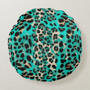 Turquoise Teal Leopard Print Round Pillow