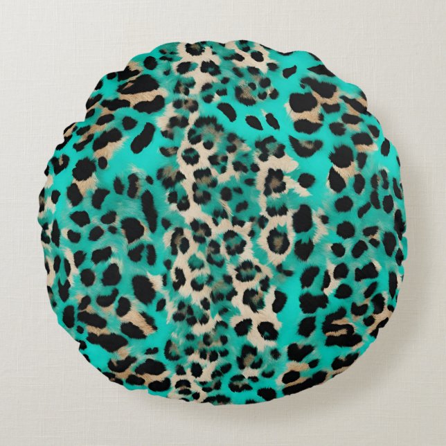Turquoise Teal Leopard Print Round Pillow (Front)
