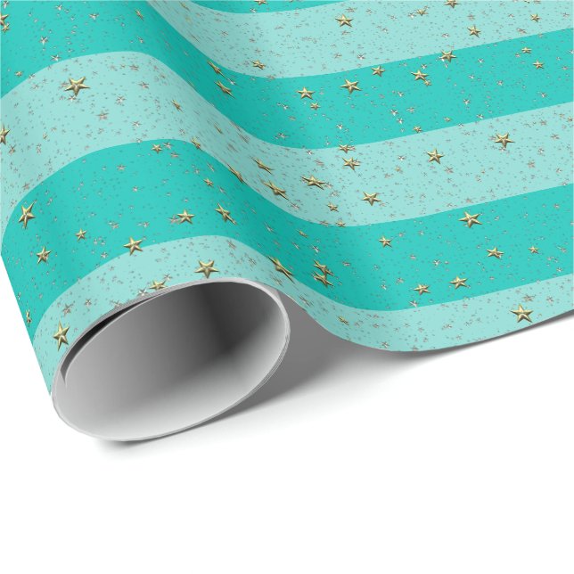 Turquoise, Teal LG Preppy Stripe 2X DIY BG Stars Wrapping Paper (Roll Corner)