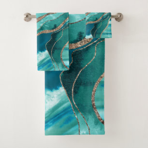Turquoise Teal Marble Agate Gold Glitter Glam #1 Bath Towel Set