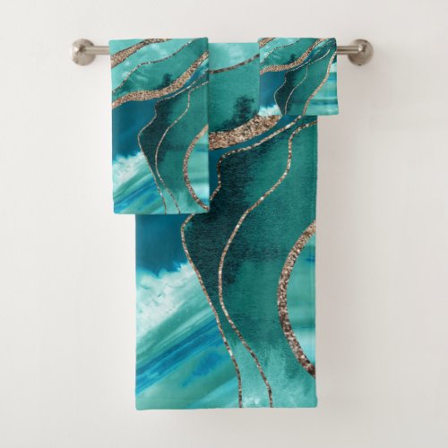 Turquoise Teal Marble Agate Gold Glitter Glam 1  Bath Towel Set