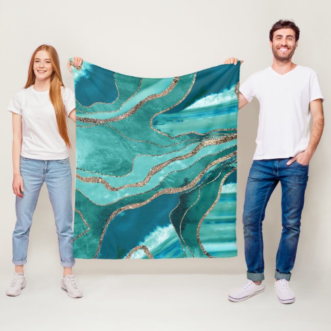 Turquoise Teal Marble Agate Gold Glitter Glam #1  Fleece Blanket (In Situ)