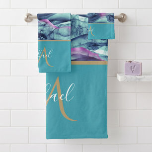 Turquoise Teal Marble Agate & Monogram Bath Towel Set