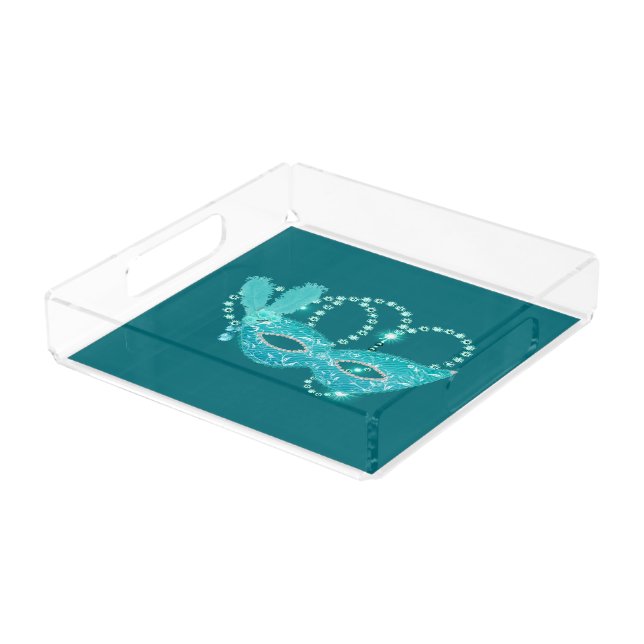 Turquoise & Teal Masquerade Bling Hearts Acrylic Tray (Angled)