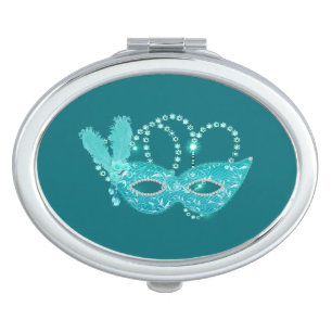 Turquoise & Teal Masquerade Bling Hearts Compact Mirror