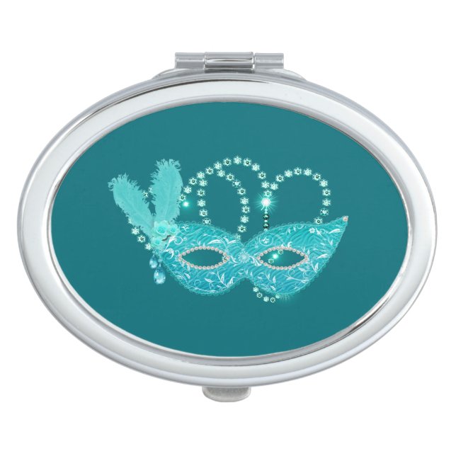 Turquoise & Teal Masquerade Bling Hearts Compact Mirror (Front)