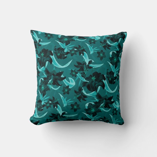 Turquoise & Teal Modern Floral | Lily Flowers Throw Pillow (Front)