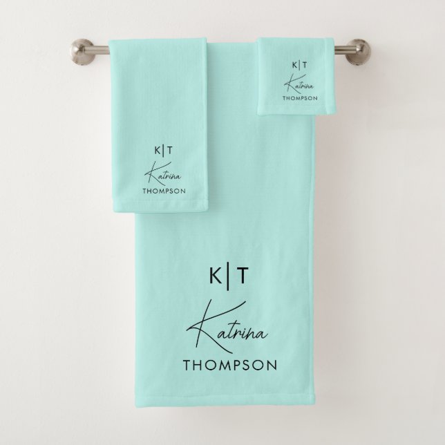 Turquoise Teal Modern Signature Script Monogram Bath Towel Set (Insitu)