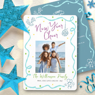 Turquoise Teal New Year Cheer Photo Hand Drawn Fun Holiday Card