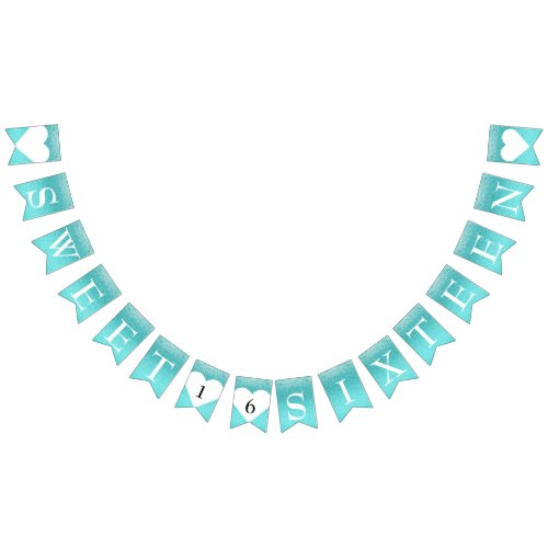 Turquoise Teal Ombre Glitter SWEET 16 SIXTEEN Bunting Flags