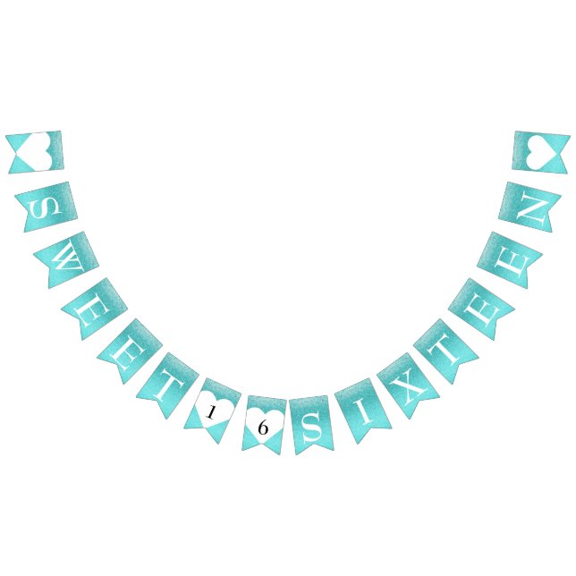 Turquoise Teal Ombre Glitter SWEET 16 SIXTEEN Bunting Flags (All)