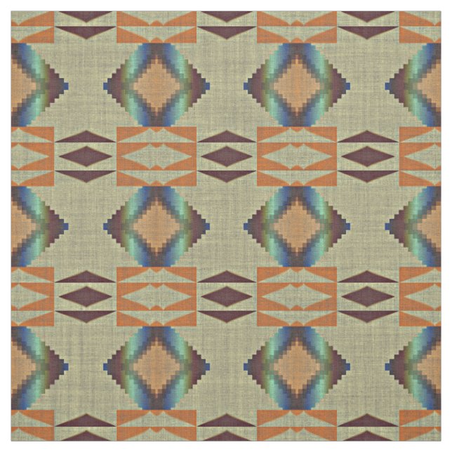 Turquoise Teal Orange Native Tribal Mosaic Pattern Fabric (Swatch)