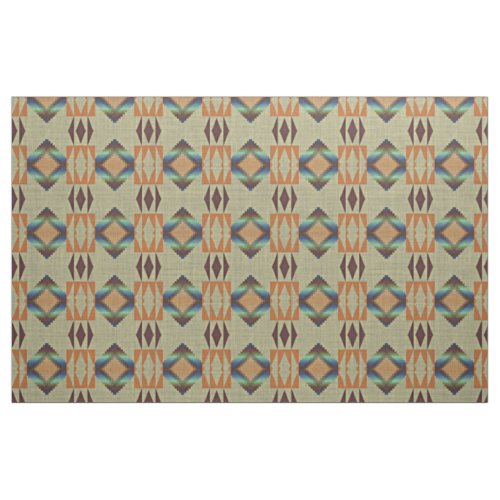 Turquoise Teal Orange Native Tribal Mosaic Pattern Fabric