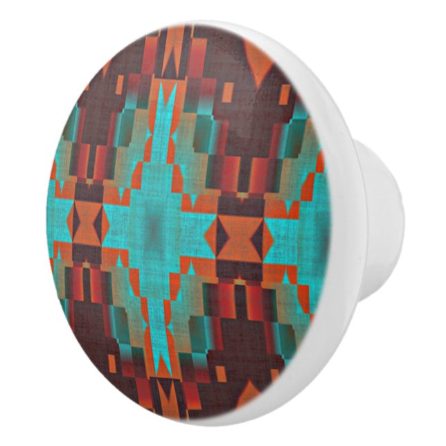 Turquoise Teal Orange Red Bohemian Ethnic Style Ceramic Knob (Right)