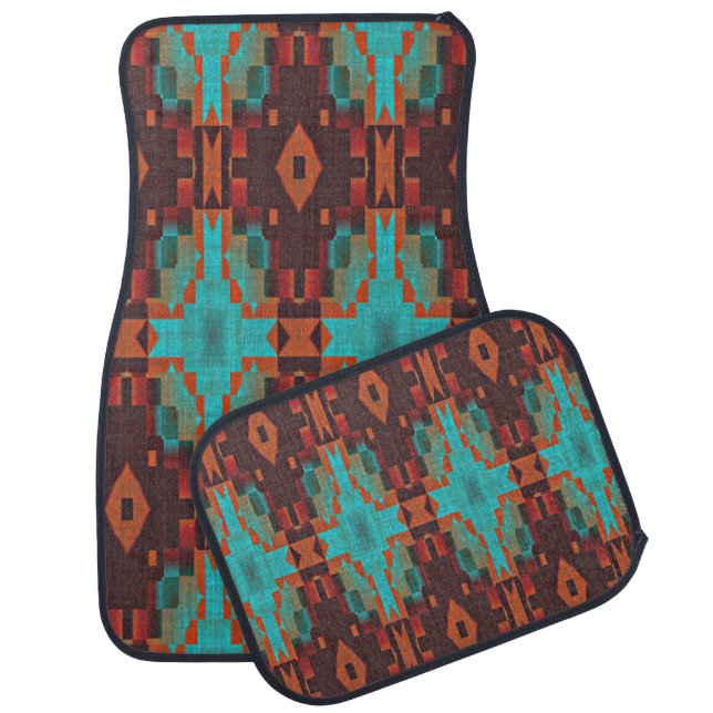 Turquoise Teal Orange Red Eclectic Ethnic Look Car Floor Mat (Set)