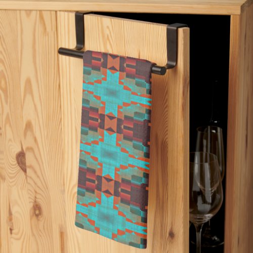 Turquoise Teal Orange Red Eclectic Ethnic Look Kitchen Towel