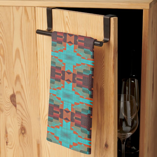 Turquoise Teal Orange Red Eclectic Ethnic Look Kitchen Towel (Thirds Fold)