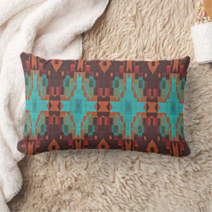 Turquoise Teal Orange Red Eclectic Ethnic Look Lumbar Pillow