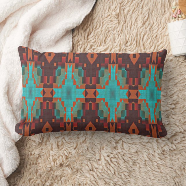 Turquoise Teal Orange Red Eclectic Ethnic Look Lumbar Pillow (Blanket)