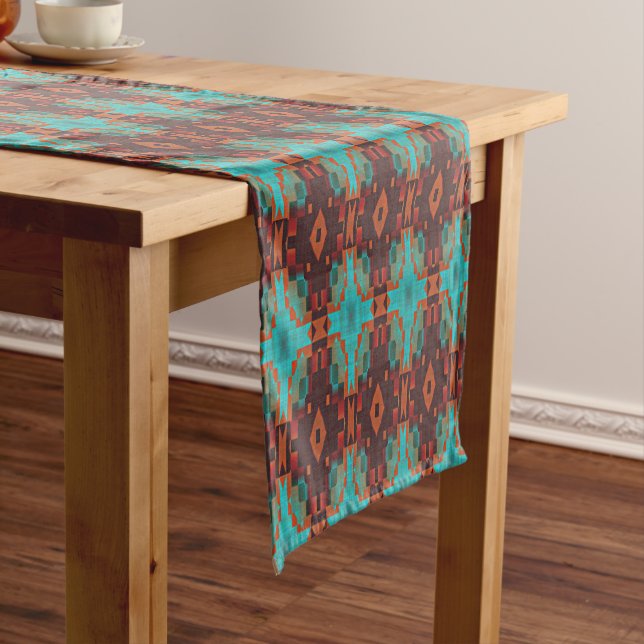 Turquoise Teal Orange Red Eclectic Ethnic Look Medium Table Runner (In Situ)
