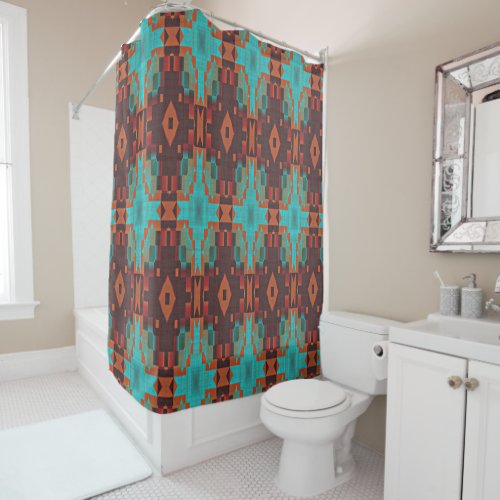Turquoise Teal Orange Red Eclectic Ethnic Look Shower Curtain