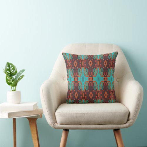 Turquoise Teal Orange Red Eclectic Ethnic Look Throw Pillow