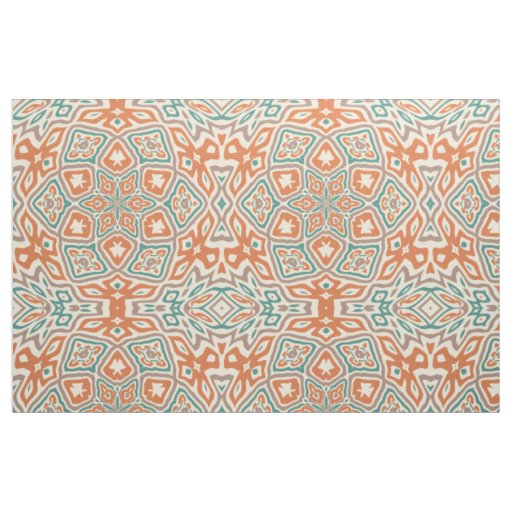 Turquoise Teal Orange Retro Nouveau Deco Pattern Fabric