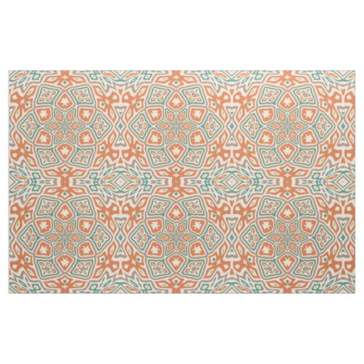 Turquoise Teal Orange Retro Nouveau Deco Pattern Fabric