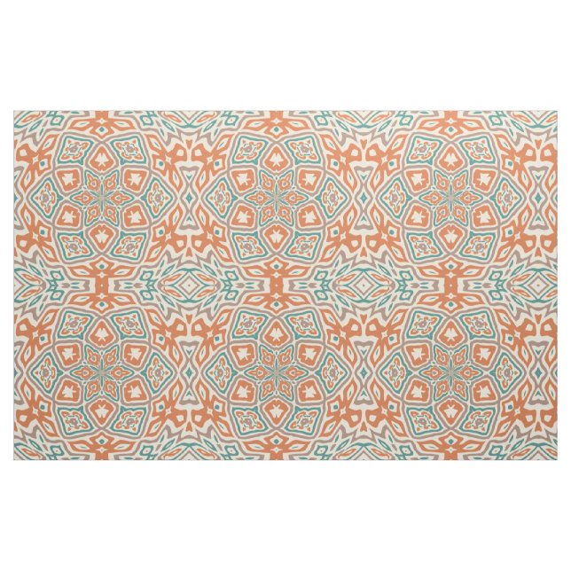 Turquoise Teal Orange Retro Nouveau Deco Pattern Fabric (Fat Quarter)