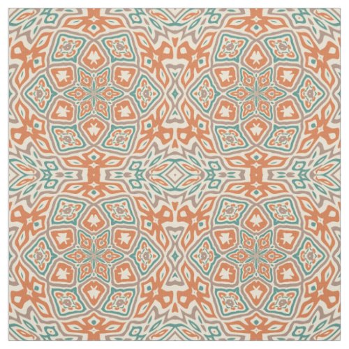 Turquoise Teal Orange Retro Nouveau Deco Pattern Fabric