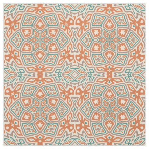 Turquoise Teal Orange Retro Nouveau Deco Pattern Fabric